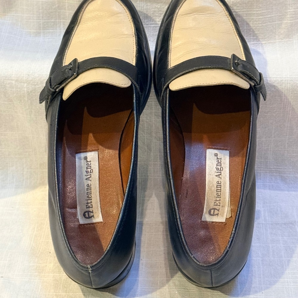 Etienne Aigner Carver Loafers 7.5M Black Cream Leather Buckle Colorblock Flats